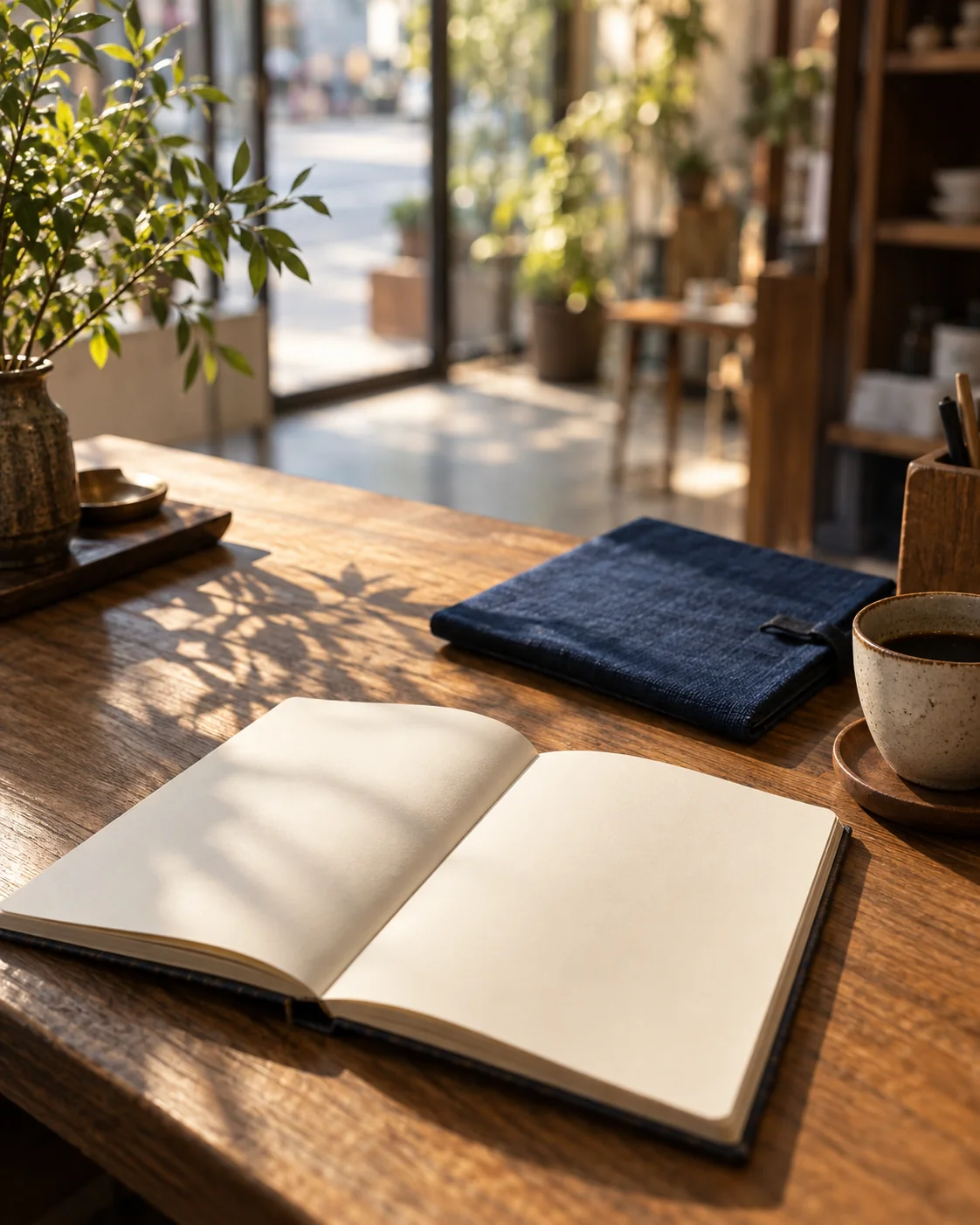 光が差し込むお店の机に、開いたノートと藍色の手帳。これからの商いを考える時間のイメージ。